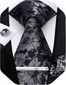 Conjunto de corbata de seda con estampado floral, incluye pinza de corbata, pañuelo y gemelos - Negro y gris - Ver 1