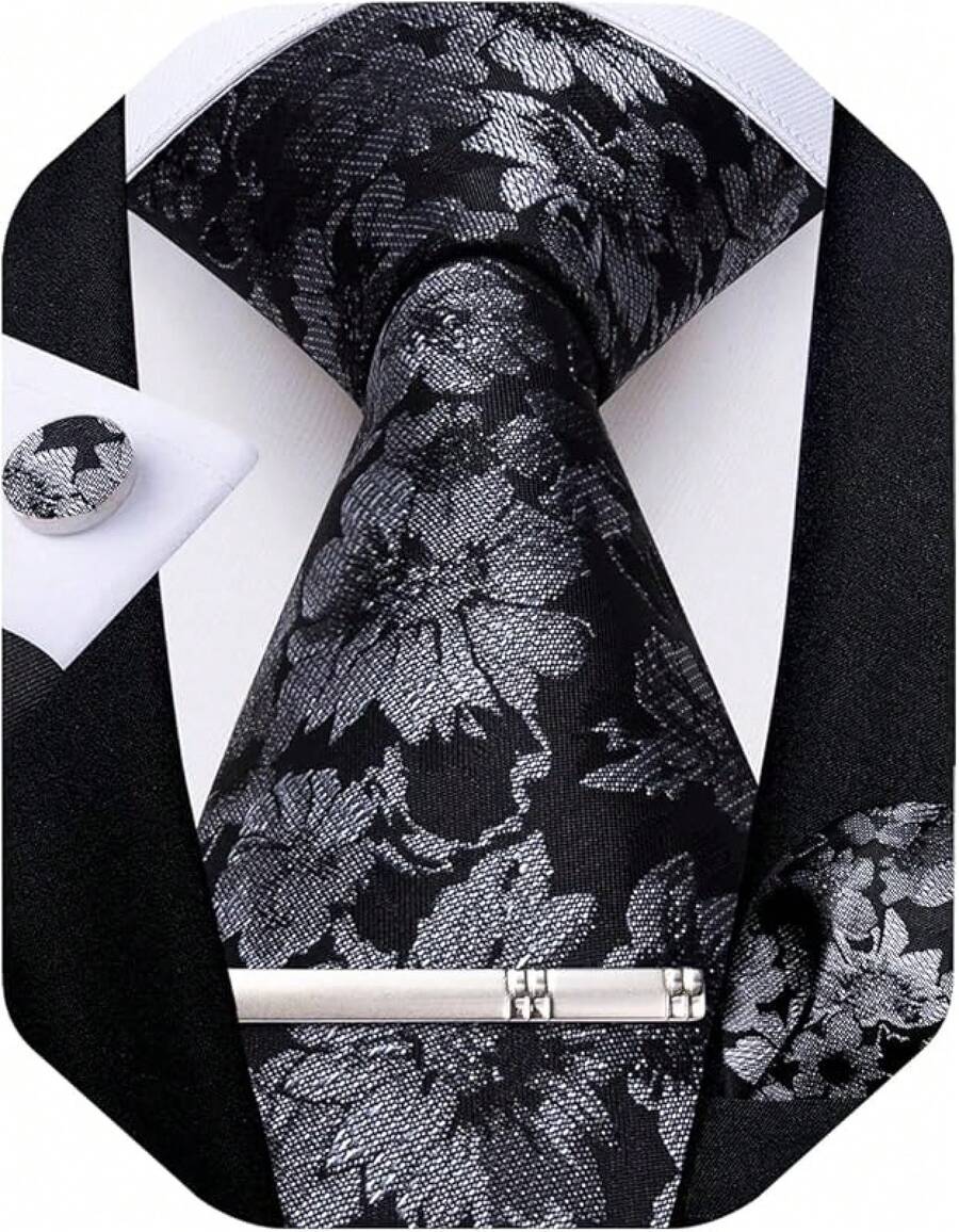 Conjunto de corbata de seda con estampado floral, incluye pinza de corbata, pañuelo y gemelos - Negro y gris - Ver 1