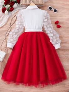 Girls' Long Sleeve Floral Mesh Patchwork Bowknot Waist Shirt Dress, Spring/Autumn - Red - View 2