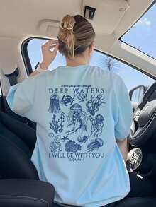 Áo thun nữ mùa hè mới, đơn giản, dễ thương, in hình sinh vật biển, kiểu dáng thoải mái, cổ tròn, tay ngắn, màu trắng, thích hợp mặc hàng ngày khi đi nghỉ mát. Áo thun in hình màu hồng dành cho nữ. - Màu xanh nhạt - Xem 4