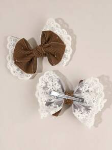 2 Presilhas de Cabelo Marrons, Presilhas de Cabelo com Laço em Renda de Veludo Cotelê e Strass, Presilhas de Cabelo Elegantes com Laço, Acessórios de Cabelo para Outono/Inverno, Ideais para Adolescentes - Castanho - Ver 5