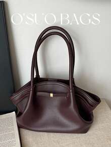 1 件纯色 PU 皮革女士单肩包，复古时尚大容量手提包，双手柄，按扣设计，适合旅行、购物、约会、女士礼物 - 适合青少年、大学女生、初学者和商务女士，非常适合办公室、学校、工作、商务、通勤、户外、旅行、徒步旅行 - Bold Plum - 查看 2