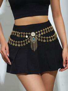 1pc Retro Exaggerated Distressed Metal Chain Crescent Disc & Tassel Waist Chain Body Jewelry, Bohemian Style High-End, Suitable For Women Party Dress And Occasion Wear