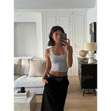 Women Rib Tank Top Padded Workout Top Square Neck Crop Tank Fitted Basic Cami Tops - Heather Grey - View 4