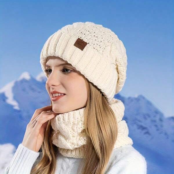 3pcs Winter Knitted Hat & Scarf Set, Unisex Warm Knit Beanie Hat With Ear Flaps, Suitable For Men And Women (Khaki/Pink/Gray/White/Black)