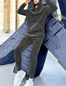 Mens 2 Piece Velour Hoodie Tracksuit Long Sleeve Velvet Hooded Pullover Casual Athletic Jogging Sweatsuit Set-2025 - 灰色 - 查看 8