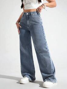 Jeans que sobreviven a 10 tacos al pastor Mezclilla Anchos Jeans Pierna acampanados Talla Grande para Mujer Cintura Alta Elásticos Pantalones Larga Duración y Suelta - Azul - Ver 5