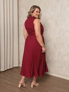 ANLE MODAS Women's Set Pleated Skirt With Elegant Vest Luis Twill Plus Size - 酒紅色 - 查看 4
