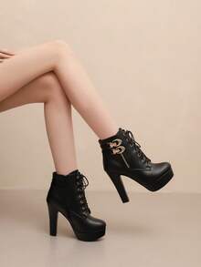 High Heel Princess Shoes, Thick Heel Leather Lace-Up Sexy Waterproof Platform Ankle Boots, Autumn/Winter New Style - Black PU - View 2