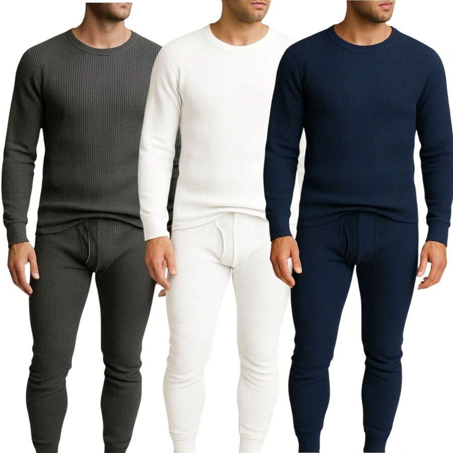 Men's 3 Pack Full Thermal Sets Ultra Soft 6 Piece Cotton Top And Bottom Set, Warm Cotton Long Johns, Winter Base Layer, Thermal Underwear For Men - 白色/海軍藍/炭灰色 - 查看 1
