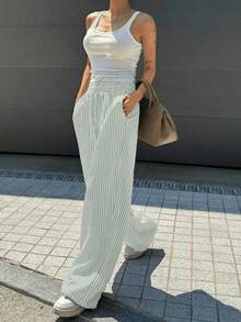 Wide Leg Striped Elastic Palazzo Pants With Pockets - Grey - View 4