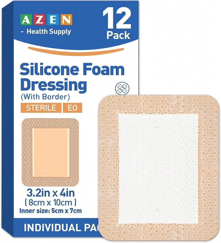 AZEN 12 Pack Silicone Foam Dressing, 3.2" X 4" Waterproof Silicone Bandages With Border Adhesive, Large Bandages For Wounds, Self Adhesive Wound Care And Dressings - A12p - Xem 1