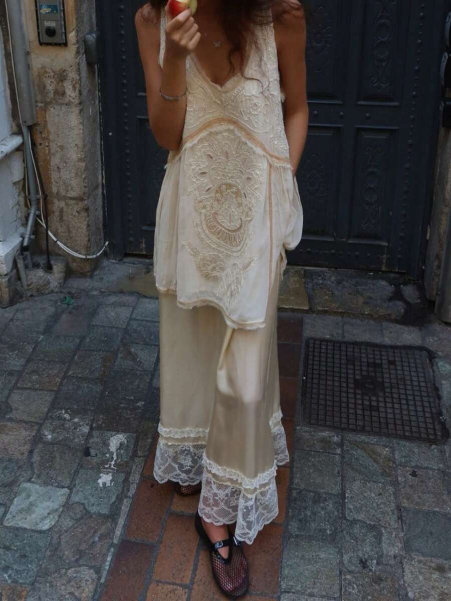 Women Champagne Lace Patchwork Satin Skirt Elastic Waist Casual Midi Skirt Underskirt Elegant A-Line Long Skirt Lace Midi Skirt Slip Skirt For Under Dresses Streetwear - 香檳色 - 查看 1