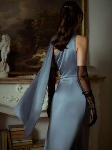 Đầm cocktail dự tiệc cưới cổ điển thanh lịch, thiết kế xếp ly eo, chất liệu co giãn, đầm dự tiệc cưới, đầm dự đám cưới mùa xuân. - Màu xanh bụi bặm - Xem 2