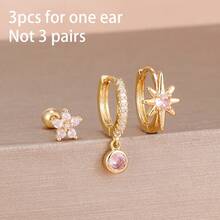 Bộ 3 khuyên tai đính đá Zirconia hình ngôi sao thời trang dành cho nữ, thép không gỉ mạ vàng 18K, đính đá Cubic Zirconia hình ngôi sao độc đáo, bộ trang sức xỏ khuyên thanh lịch cho sụn vành tai, vành tai xoắn ốc dành cho nữ - Bột Vàng-3 Cái - Xem 3