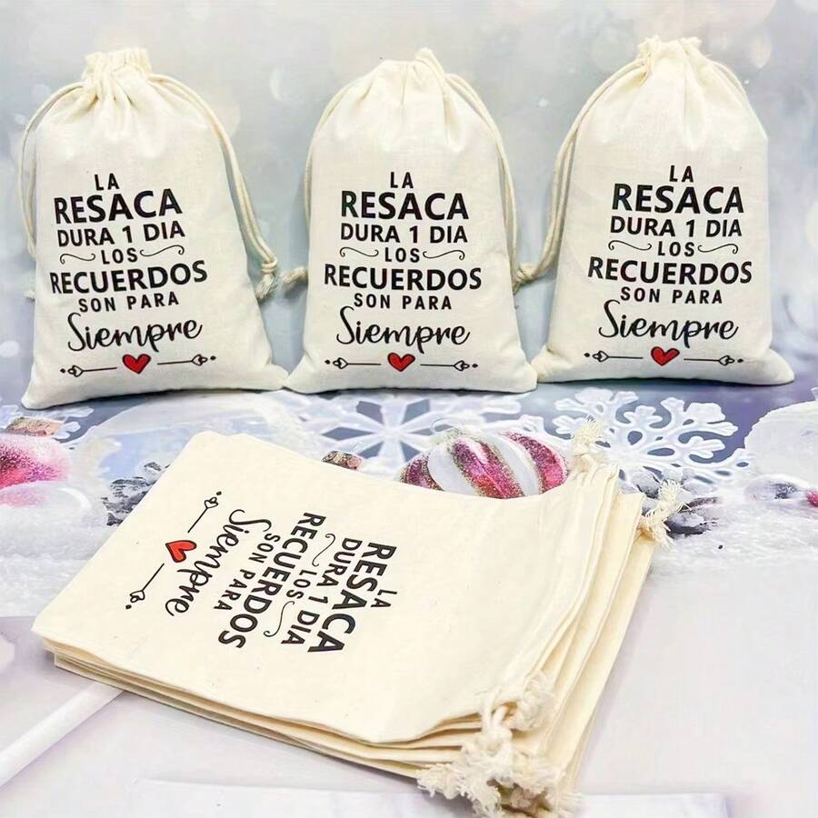 10 piezas de bolsas de cordón de color beige para bodas españolas y fiestas, adecuadas para empaquetar artículos de recuperación de resaca - Beis - Ver 1