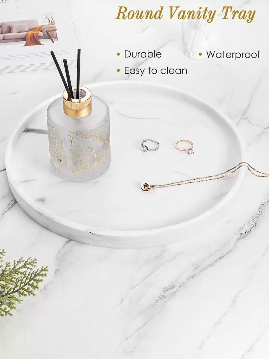 圆形梳妆台托盘,10.6 英寸浴室梳妆台硅胶托盘厨房水槽托盘,台面整理托盘,用于香水毛巾梳妆台珠宝蜡烛咖啡桌装饰托盘,大理石白 - 彩色 - 查看 1