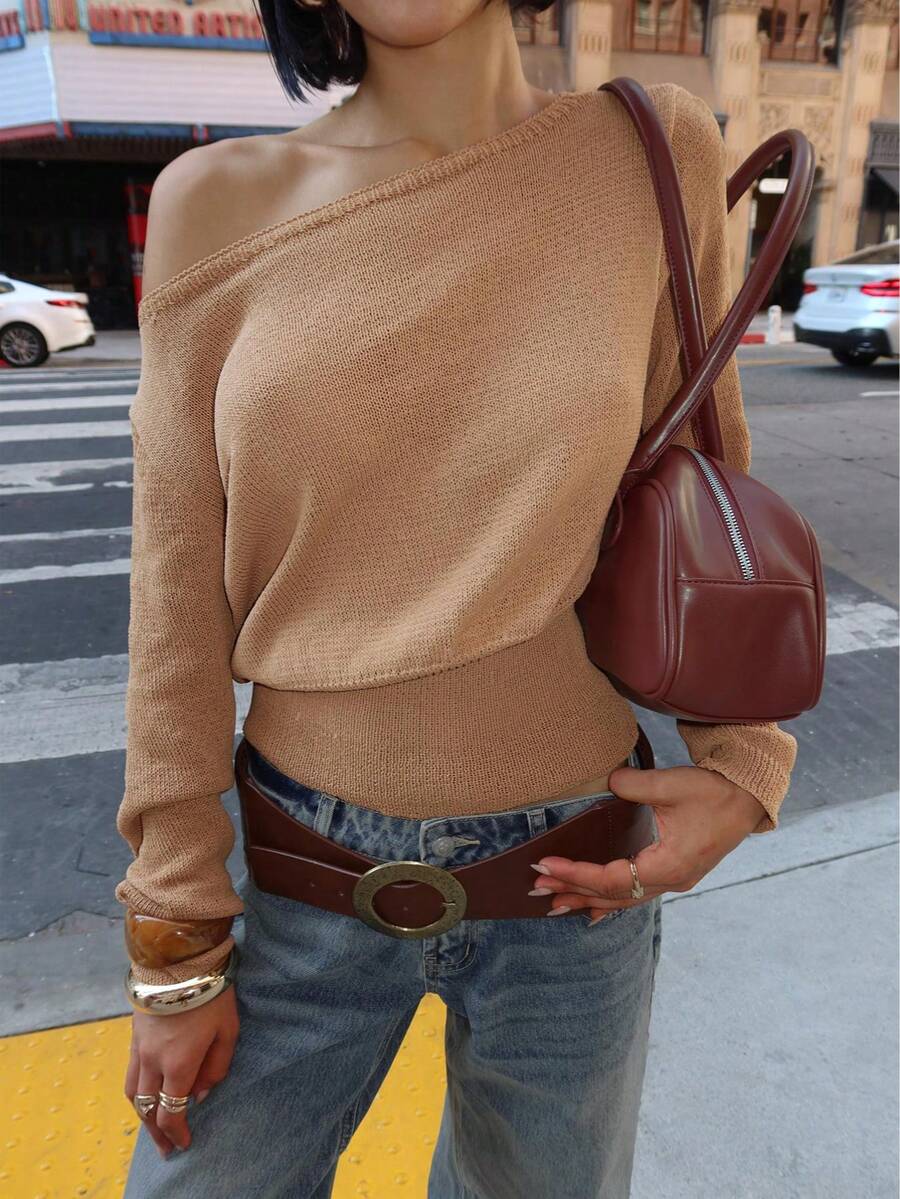 Women's Casual Comfortable Romantic Retro Modern Commute Office Teacher Back To School Season Street Holiday Travel Solid Color Knitted Sweater, Asymmetrical Shoulder Pullover, Suitable For Daily, Beach, Evening Date, Holiday, Office, Home, Photoshoot, Street, Single Party, Travel, Country Music Festival, Airport, Spring, Autumn, Winter, Early Autumn, Autumn/Winter