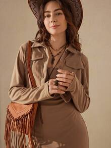 Wildy Flap Detail Crop Jacket & Cami Dress - Khaki - View 3