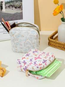 1pc Colorful Butterfly DOPAMINE Cream-Colored Large Capacity Portable Sanitary Napkin Pouch, Menstrual Storage Bag, Cute Cosmetic Organizer, Cream-Colored Versatile Tool Bag. Fashionable Casual Large Capacity Portable Zippered Cosmetic Bag