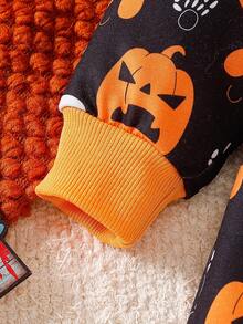 男婴万圣节南瓜骷髅印花长袖连体裤，可爱又有趣的万圣节主题秋冬装 - 黑色 - 查看 4