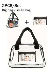 1/2PCS/套时尚透明体育场手提袋 PVC 透明袋，大袋+小袋，防水透视拉链手提袋透明大容量背包透明防水女包防水透明背包轻便耐用