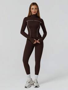 MASKERT 女士套装拼布外套女瑜伽服运动服健身服弹力拼布长裤紧身跑步服柔软舒适居家休闲 - 巧克力棕 - 查看 7