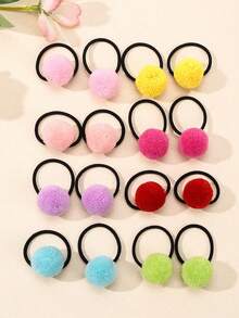 16pcs Autumn & Winter Khaki Color Pompom Decor Elastic Hair Ties For Kids Girls, Cute Soft High Stretch Ponytail Holders, Baby Hair Accessories Love Valentine