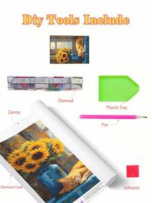 5D DIY钻石画 | 美丽的阳光场景马赛克套装，阳光洒在向日葵上，一只小猫在酣睡。DIY钻石画套装。高清手工装饰画。钻石画礼品，专注身心，DIY解压。 - 彩色 - 查看 4