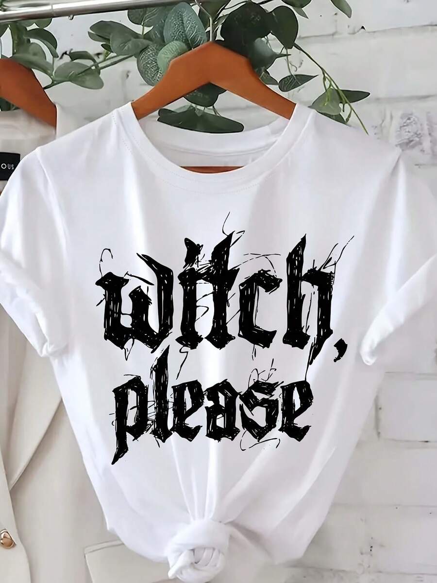 Halloween Witch Letter Print T-Shirt, Short Sleeve Crew Neck Casual Top For Summer &Amp; Spring, Women's Clothing
