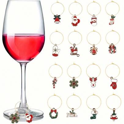 Christmas Theme Wine Glass Charms, Wine Glass Markers For Identifying Stemware, Wine Charms, Wine Tasting Party Decoration Set 16pcs, Gift For Wine Lovers