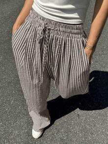 Wide Leg Striped Elastic Palazzo Pants With Pockets - Black - View 4
