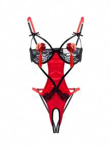 weiweihu Ladies Dark Gothic Satin Stitching Lace Fabric Steel Ring Sexy One-Piece, 1pc Ladies Sexy Underwear Sexy Lace Open File Perspective Temptation One-Piece Halloween Costumes>Rave Sexy Halloween Costumes Women Disfraces Sexy De Mujer  Red Pajama Set - 紅色 - 查看 3