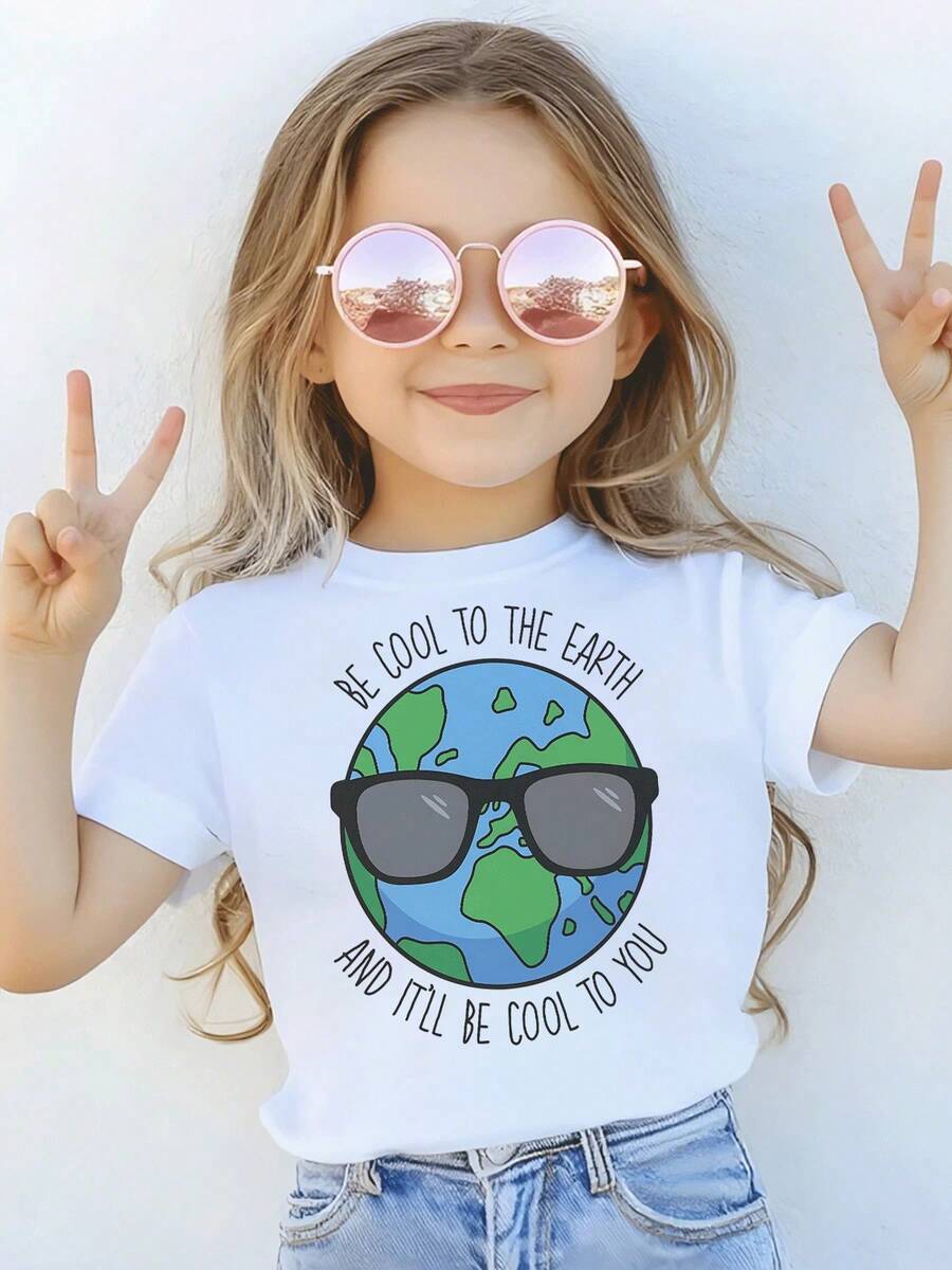 Girls' Graphic Tee Cool Earth Print  Soft Cotton Blend, Short Sleeve Top For Casual Style &  Awareness  A Fun & Fashionable Statement Piece! - 白色 - 查看 1