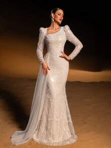 Faeriesty Elegant Square Neck Beaded Sequin Mermaid Gown For Women – Structured Long Sleeves, Asymmetrical Side Train, And Fitted Trumpet Silhouette For Gala Awards, Luxury Weddings, Red Carpet Events, And Black-Tie Galas - Apricot - View 5