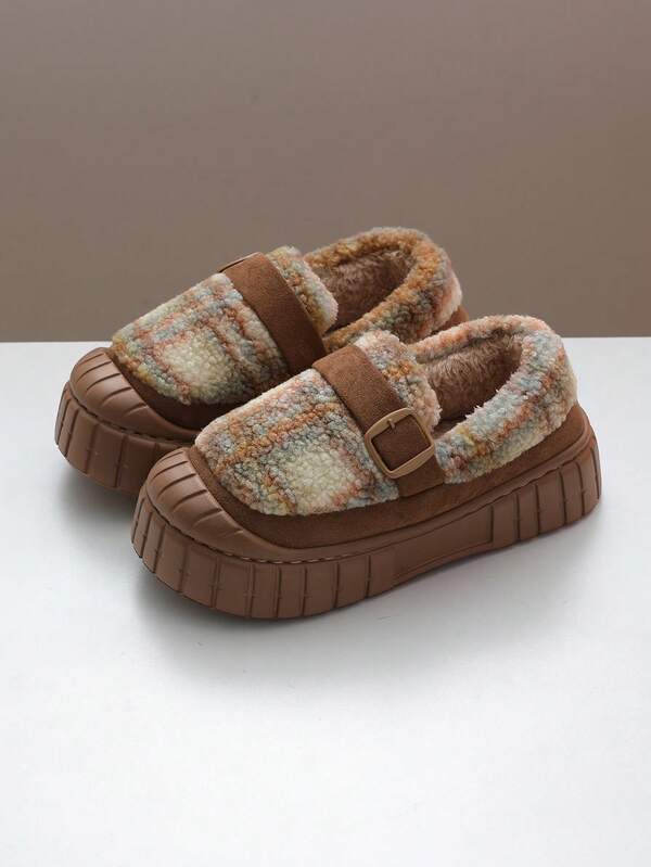 Women's Plaid Pattern Thermal Lined Slip-On Slippers - Comfortable Thick Sole Anti-Slip Warm House Shoes For Winter