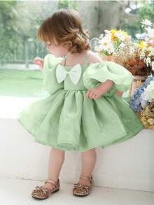 Baby Girls 0-3 Years Old Mint Green Puff Sleeve Bow Tie Elegant Dress, Princess Dress Suitable For 1 Year Old Birthday Party, Wedding Flower Girl, Holiday Celebration - Mint Green - View 4