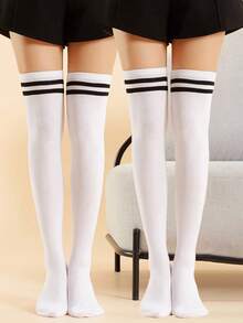 1/2 Pairs Collegiate Style Simple Versatile Over-The-Knee Socks, Cozy - Black and White - View 6