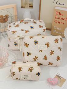 1 Piece Beige Strip Print Cosmetics Storage Bag Cute Brown Bear Pattern Make Up Bag Practical Makeup Bag Set Large Capacity Cosmetics Organizer Bag Foam Quilted Travel Toiletry Bag Lovely Cartoon Pattern Makeup Pouch Multi-Functional Items Storage Bag