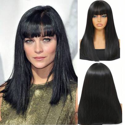 16ihch Long Black Wig For Women Black Wig With Bangs Long Straight Black Wig Synthetic Wigs Easy To Wear
