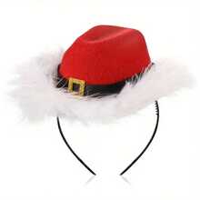 1pc Red Women's Mini Cowboy Santa Hat Headband With Faux Fur Trim & Adjustable Elastic Band - Lightweight Red & White Christmas Party Costume Accessory For Masquerade, Holiday Events, Christmas Hats, Masquerade Accessory, Jacquard Texture - Multicolor - View 7