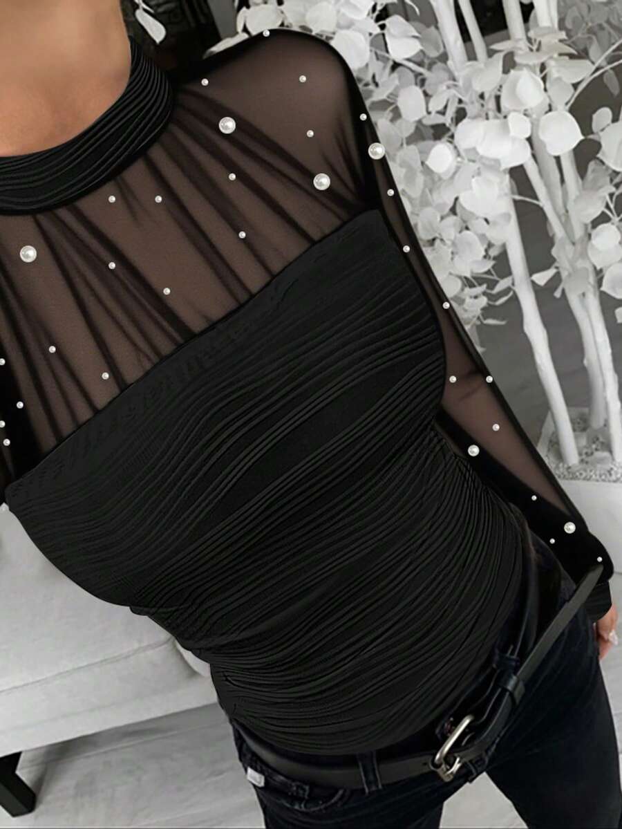 ChicMe 女士珍珠装饰高领灯笼袖透视网纱拼接修身纹理上衣，时尚优雅，适合日常穿着