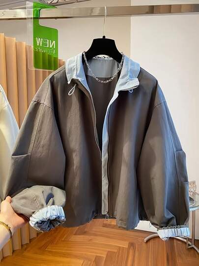 Vintage Collarless Slim Fit Short Jacket For Women, Casual Baseball Bomber Jacket, Contrast Color, Spring 2025 New Korean Style