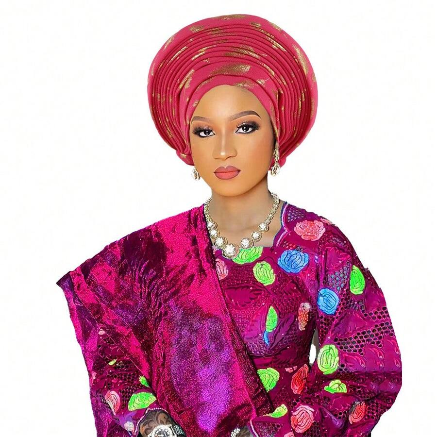 Women's African Head Wraps New Feather Gilding Nigerian Wedding Heavy Industry Multi-Layer African Headscarf Hat - Hồng - Xem 1