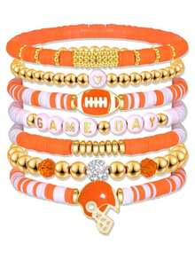 7Pcs/Set Game Day Stackable Sports Rugby Charm Bracelet Jewelry For Women Men - Perfect For Football Fans - Green - View 8