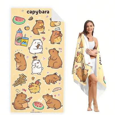 Toalla de playa con estampado de adorables capibaras, de microfibra súper absorbente y rápido secado, ideal para natación, gimnasio y deportes; toalla de playa rápida secado con divertido estampado de capibaras en versión caricaturesca, perfecta para fiestas, campamentos, viajes y picnics.