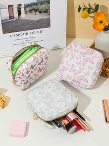 1pc Colorful Butterfly DOPAMINE Cream-Colored Large Capacity Portable Sanitary Napkin Pouch, Menstrual Storage Bag, Cute Cosmetic Organizer, Cream-Colored Versatile Tool Bag. Fashionable Casual Large Capacity Portable Zippered Cosmetic Bag