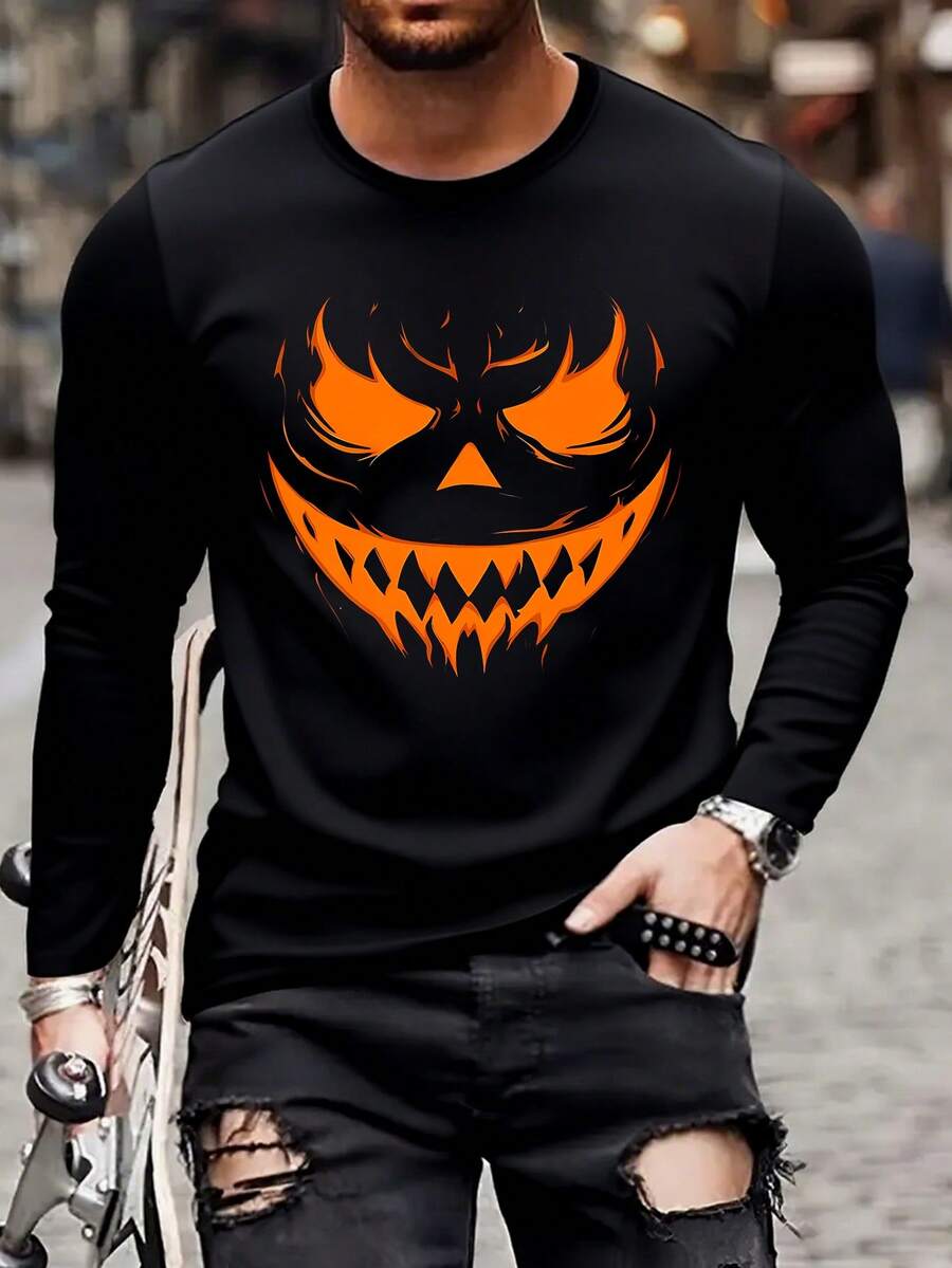 singbulk Men's Cotton Halloween Print Long Sleeve T-Shirt, Casual Sport Comfort Crew Neck Top, Casual Style Stylish Tee - 黑色 - 查看 1