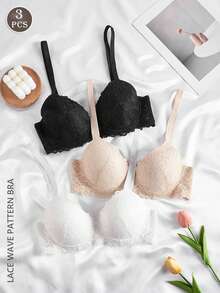 3Pcs Women's Lace Solids With Steel Ring Bra Push Up Bra, Everyday
