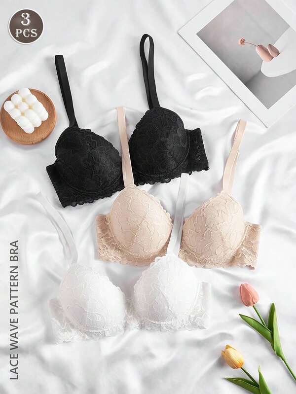 3Pcs Women's Lace Solids With Steel Ring Bra Push Up Bra, Everyday